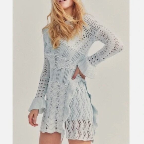 LoveShackFancy Dresses & Skirts - LoveShackFancy Long Sleeve Sweater Knit Dress Blue White XS GUC